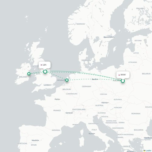 Mapa de vuelo directo Varsovia - Leeds, Condado de Yorkshire del Oeste