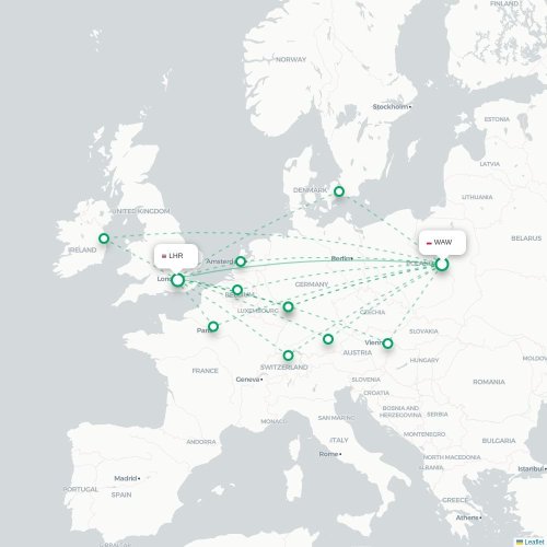 Mapa de vuelo directo Varsovia - Londres