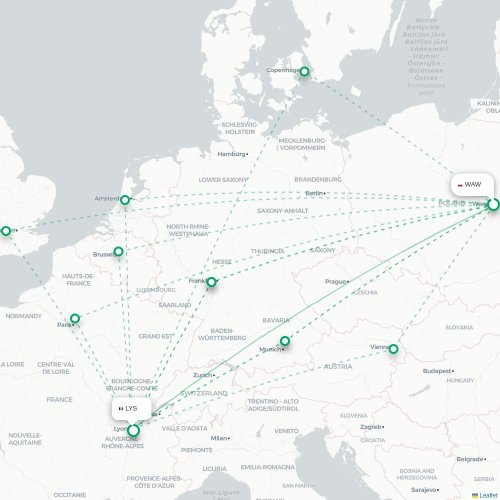 Mapa lotu bezpośredniego Warszawa – Lyon