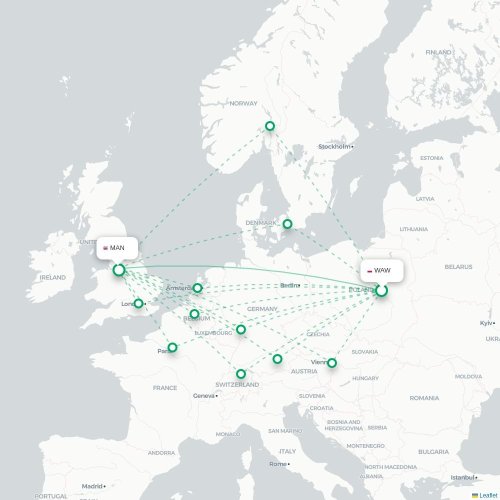 Mapa de vuelo directo Varsovia - Mánchester