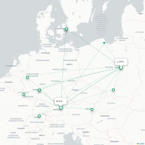 Mapa de vuelo directo Varsovia - Múnich
