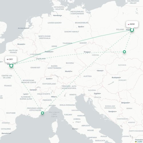 Mapa lotu bezpośredniego Warszawa – Paryż