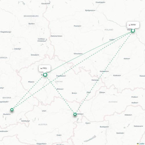 Mapa lotu bezpośredniego Warszawa – Praga