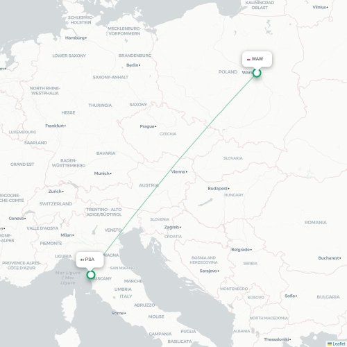 Mapa lotu bezpośredniego Warszawa – Piza