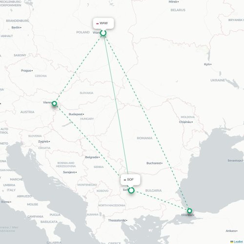 Mapa de vuelo directo Varsovia - Sofía