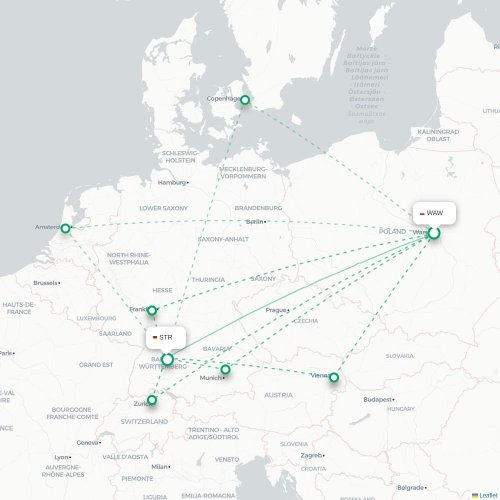 Mapa de vuelo directo Varsovia - Stuttgart