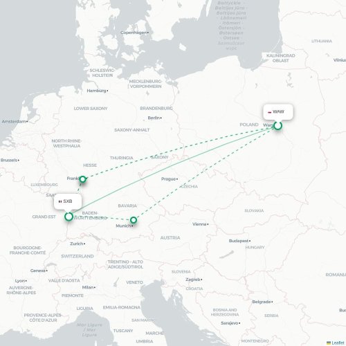Mapa lotu bezpośredniego Warszawa – Strasburg
