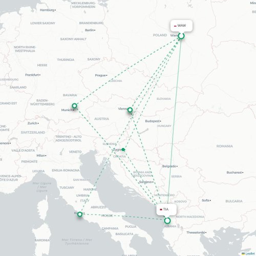 Varsova – Tirana suoran lennon kartta