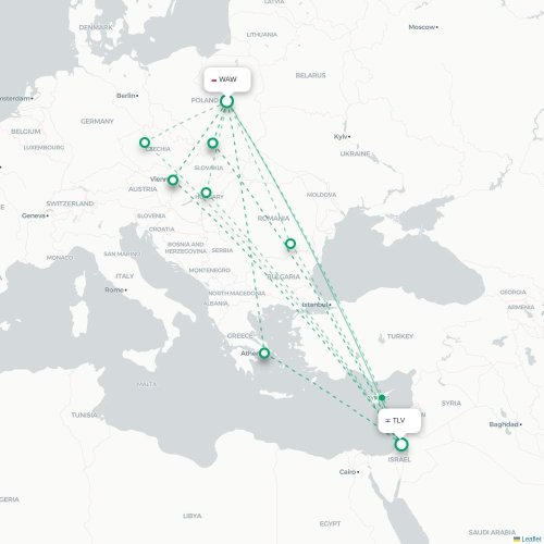 Mapa lotu bezpośredniego Warszawa – Tel Awiw