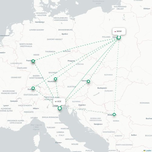 Mapa lotu bezpośredniego Warszawa – Wenecja