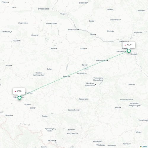 Mapa de vuelo directo Varsovia - Wrocław