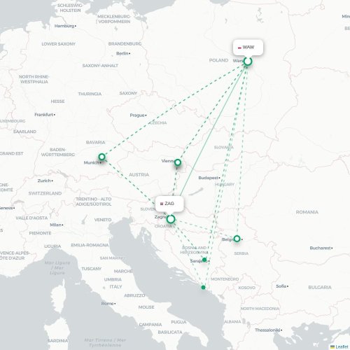 Warszawa - Zagreb karta över direktflyg