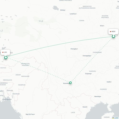 Mapa lotu bezpośredniego Shiyan – Lhasa