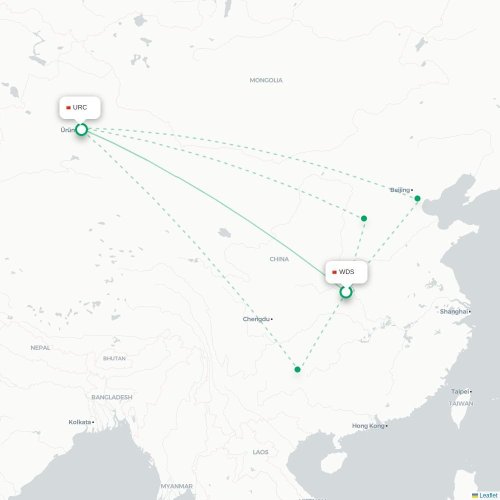 Mapa lotu bezpośredniego Shiyan – Urumczi