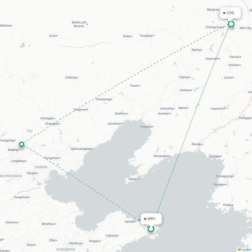 Mapa lotu bezpośredniego Weihai – Changchun