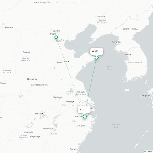 Mapa lotu bezpośredniego Weihai – Hangzhou