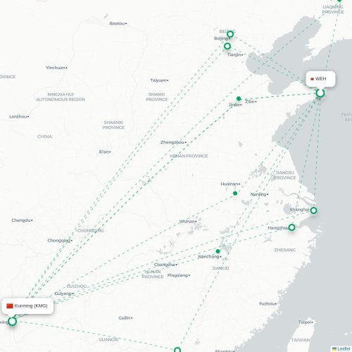 Mapa lotu bezpośredniego Weihai – Kunming