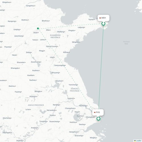 Mapa lotu bezpośredniego Weihai – Szanghaj