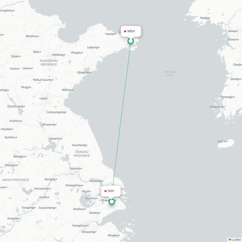 Mapa lotu bezpośredniego Weihai – Szanghaj