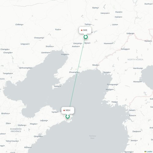 Mapa lotu bezpośredniego Weihai – Shenyang