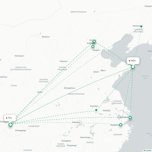 Mapa lotu bezpośredniego Weihai – Chengdu