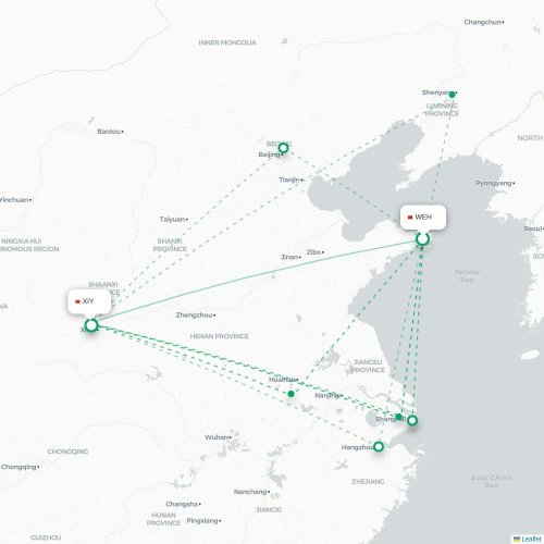 Mapa lotu bezpośredniego Weihai – Xi'an