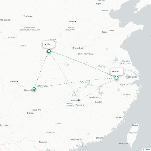Mapa lotu bezpośredniego Wuhu – Xi'an