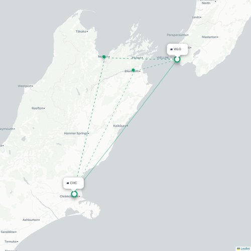 Wellington - Christchurch kort over direkte fly