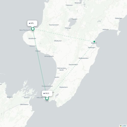 Wellington - New Plymouth kort over direkte fly