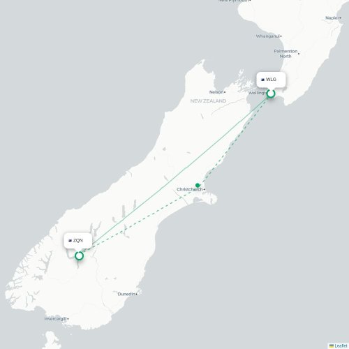 Mapa lotu bezpośredniego Wellington – Queenstown