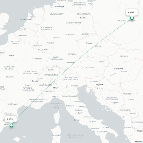 Mapa lotu bezpośredniego Warszawa – Barcelona