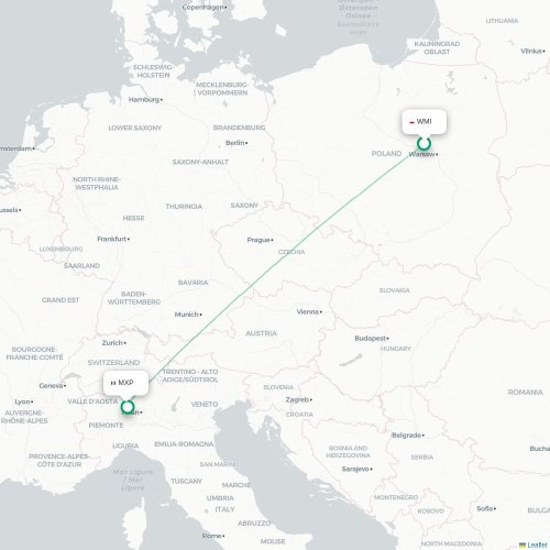 Mapa lotu bezpośredniego Warszawa – Mediolan