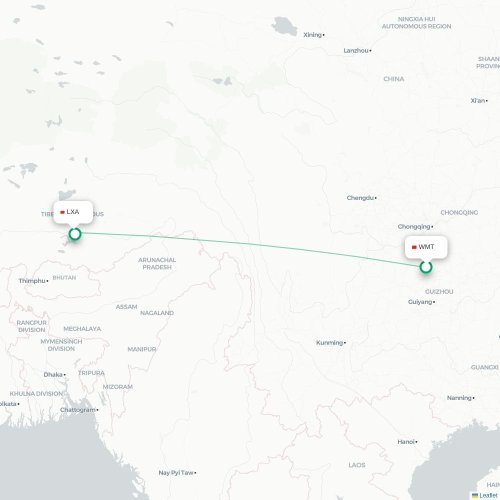 Mapa lotu bezpośredniego Zunyi – Lhasa
