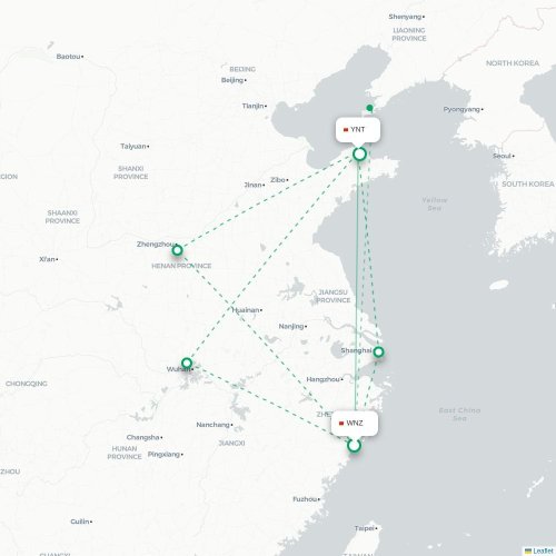 Mapa de vuelo directo Wenzhou - Yantai