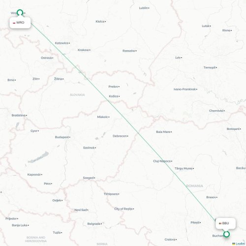 Wrocław – Bukarest suoran lennon kartta