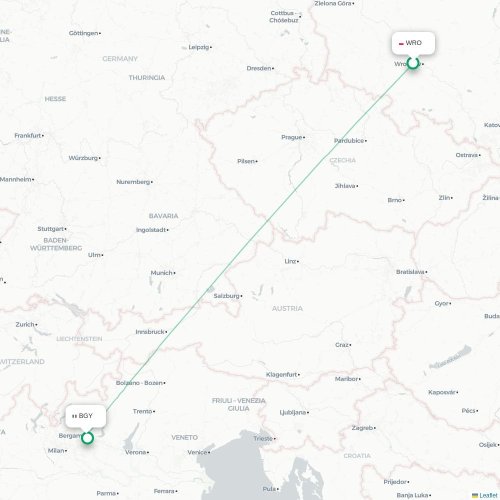 Mapa lotu bezpośredniego Wrocław – Bergamo
