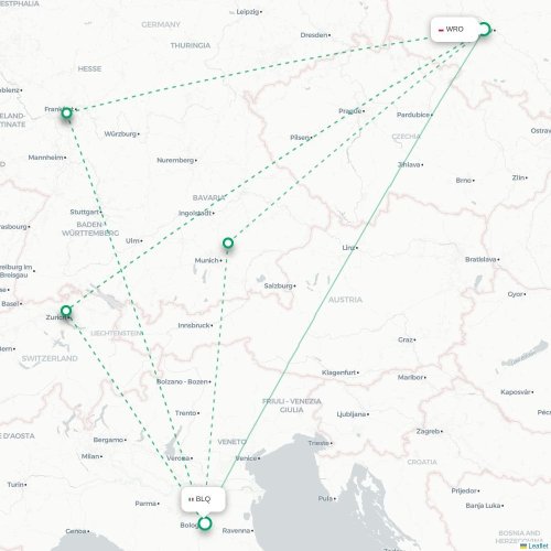 Mapa lotu bezpośredniego Wrocław – Bolonia