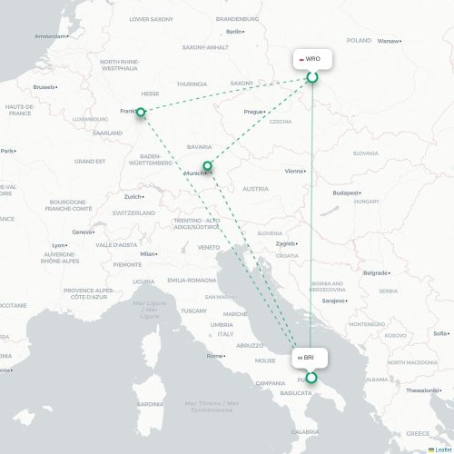 Mapa lotu bezpośredniego Wrocław – Bari