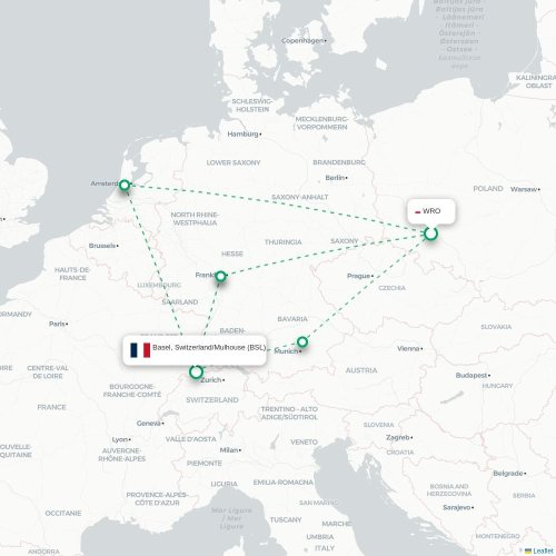 Mapa lotu bezpośredniego Wrocław – Bazylea, Szwajcaria