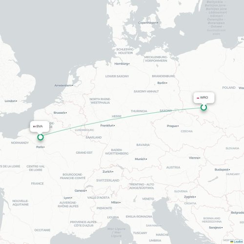 Wrocław – Pariisi suoran lennon kartta