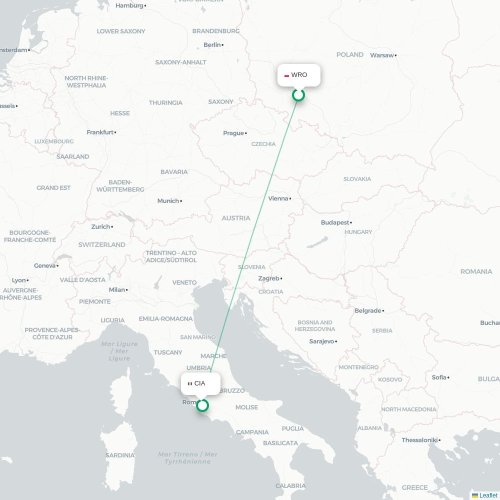 Mapa lotu bezpośredniego Wrocław – Rzym