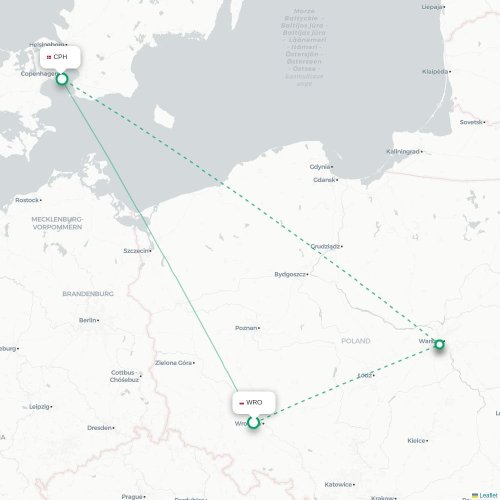 Mapa lotu bezpośredniego Wrocław – Kopenhaga
