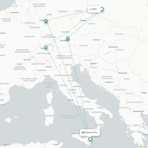 Mapa lotu bezpośredniego Wrocław – Katania