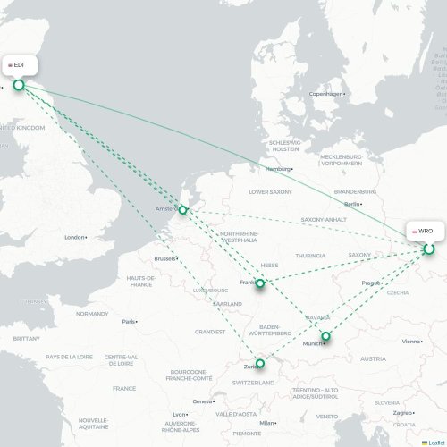 Mapa de vuelo directo Wrocław - Edimburgo