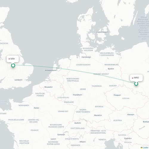Mapa de vuelo directo Wrocław - Nottingham
