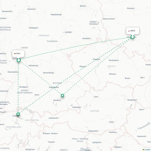 Mapa de vuelo directo Wrocław - Fráncfort