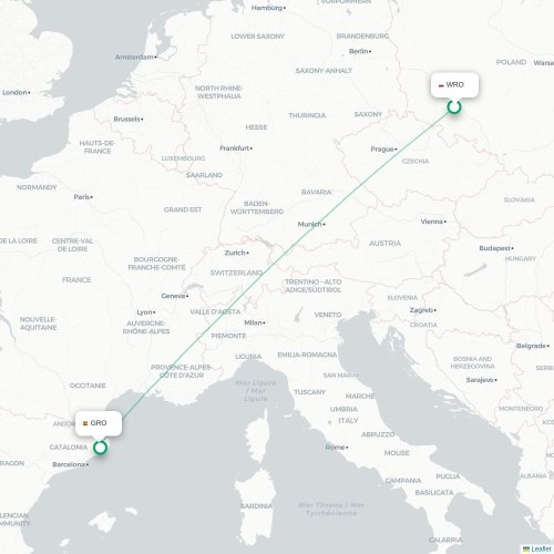 Mapa de vuelo directo Wrocław - Gerona