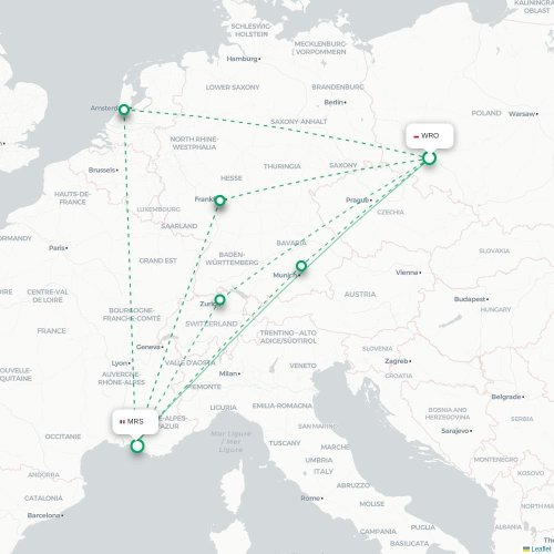 Wrocław – Marseille suoran lennon kartta