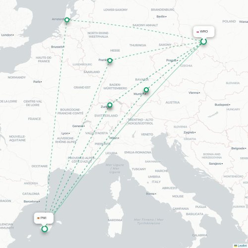 Mapa lotu bezpośredniego Wrocław – Palma de Mallorca