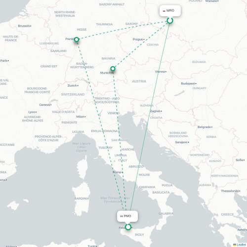Mapa lotu bezpośredniego Wrocław – Palermo
